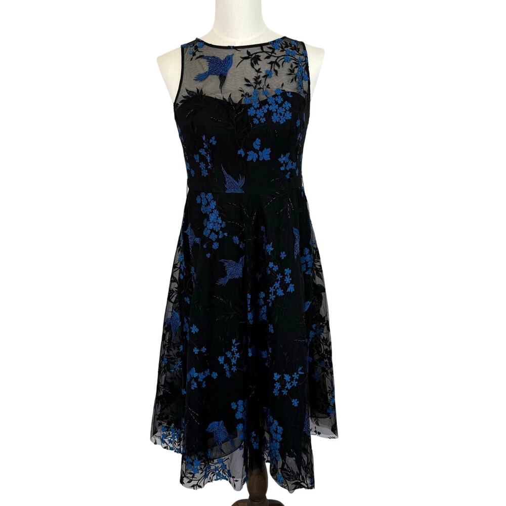 Teri Jon by Rickie Freeman Tulle Tea-Length Midi Dress Floral Appliques Black 8